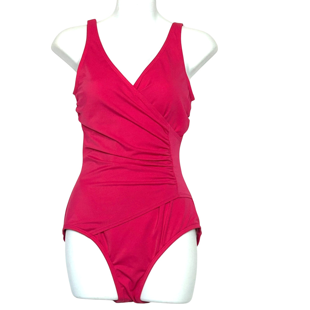 Jensen Classics Ruched One Piece Swimsuit Womens 10 Hot Pink Surplice Control